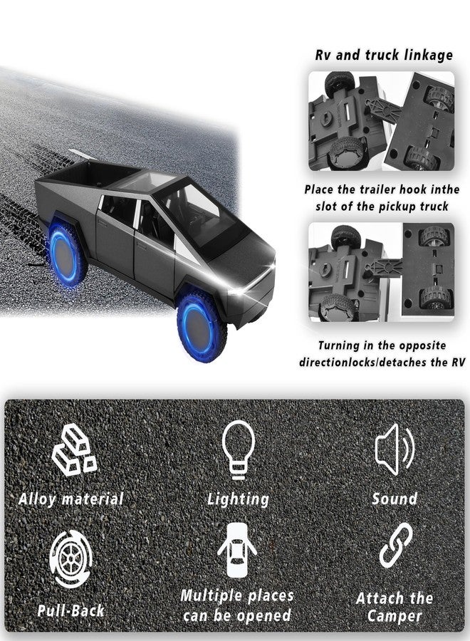 Miortior Truck Toy, Car Toy with RV, Motorcycle Cybertquad and Truck, 1/32 Alloy Diecast Pickup Trailer Model Kit with Light and Sound, for Kids Aged 6 and Up - Black - Image 2